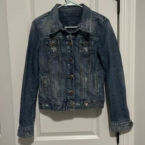 Guess Y2K Vintage Distressed Jean Denim Jacket Stretch Size Large w Gold Paint
